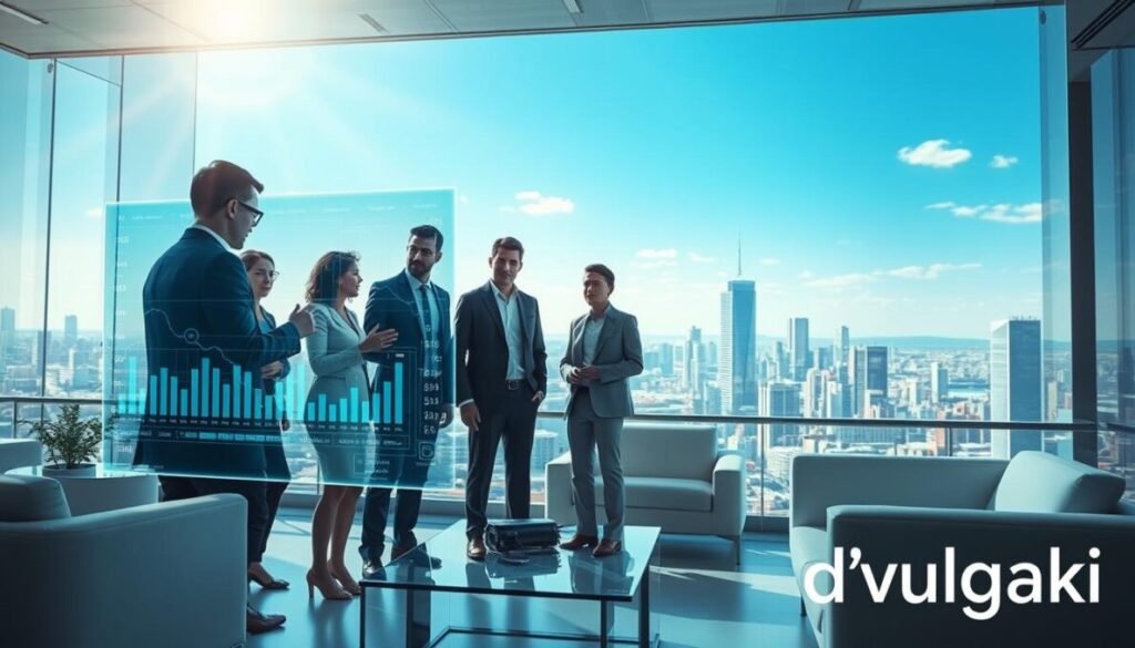 A futuristic scene showcasing artificial intelligence in action. In the foreground, a diverse group of professionals in business attire intensely collaborates around a high-tech holographic display, illustrating data trends and AI analytics. The middle layer features sleek, modern office furniture and an expansive digital wall displaying dynamic AI algorithms. The background captures a bright, expansive city skyline under a clear blue sky, symbolizing innovation and growth. Soft, ambient lighting enhances the high-tech atmosphere, providing a sense of optimism and forward-thinking. The image conveys a mood of empowerment and collaboration, ideal for thriving in the AI era. Ensure to include the brand name "d'vulgaki" elegantly in the bottom right corner of the image. A futuristic scene showcasing artificial intelligence in action. In the foreground, a diverse group of professionals in business attire intensely collaborates around a high-tech holographic display, illustrating data trends and AI analytics. The middle layer features sleek, modern office furniture and an expansive digital wall displaying dynamic AI algorithms. The background captures a bright, expansive city skyline under a clear blue sky, symbolizing innovation and growth. Soft, ambient lighting enhances the high-tech atmosphere, providing a sense of optimism and forward-thinking. The image conveys a mood of empowerment and collaboration, ideal for thriving in the AI era. Ensure to include the brand name "d'vulgaki" elegantly in the bottom right corner of the image.