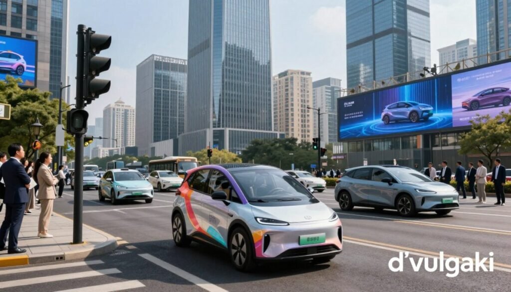 A futuristic urban landscape depicting a bustling city in China, showcasing sleek, advanced autonomous vehicles navigating through busy streets. In the foreground, a modern robotaxi with a polished, aerodynamic design and vibrant colors waits at a smart traffic signal. The middle ground features a diverse crowd of professionals in business attire, observing the vehicles with a mix of curiosity and excitement. In the background, towering skyscrapers adorned with digital displays of innovative technology and self-driving car advertisements loom over the scene, with a clear blue sky above. The lighting is bright and dynamic, capturing the energy of a city in technological transformation. The atmosphere is one of optimism and competition, representing a wave of progress from the East. Include the brand name "d'vulgaki" elegantly placed in the lower right corner.