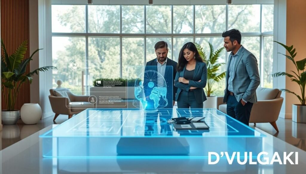 A futuristic workspace illustrating emerging technologies for personalized wellness. In the foreground, a diverse group of three professionals wearing smart casual attire collaborate around a sleek, interactive holographic display showcasing data on wellness technologies. In the middle, an elegant design includes innovative gadgets like wearables, smart furniture, and digital interfaces that seamlessly integrate into their environment. The background features a bright, airy room with large windows, letting in natural light that highlights the sophisticated ambiance. Subtle greenery adds to the tranquility of the space. The scene should convey a sense of optimism and inspiration for the future of personalized well-being. Place the brand name "D'VULGAKI" in the bottom right corner.