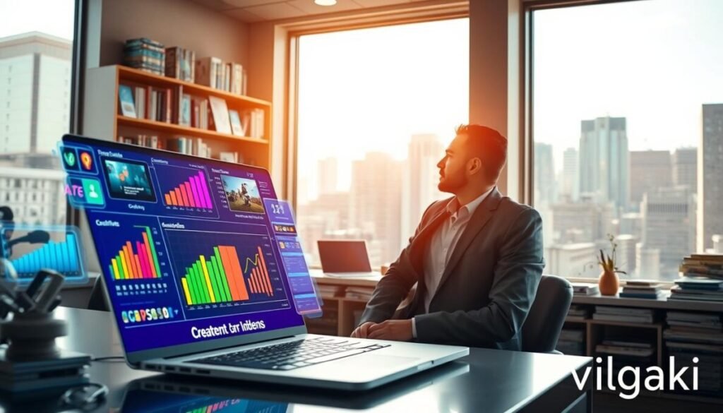 A futuristic workspace with advanced AI tools for content creation, featuring a modern laptop displaying vibrant graphs and creative content ideas. In the foreground, a person in professional attire is engaged in deep thought, surrounded by holographic displays showcasing various digital media elements like videos, graphics, and text. The middle ground displays shelves filled with books on digital marketing and creativity, while the background features large windows revealing a bustling cityscape under bright daylight. Soft, natural lighting enhances a productive atmosphere. The overall mood is inspiring and innovative, emphasizing the blend of technology and creativity. In the bottom right corner, include the brand name "d'vulgaki" elegantly integrated into the scene. A futuristic workspace with advanced AI tools for content creation, featuring a modern laptop displaying vibrant graphs and creative content ideas. In the foreground, a person in professional attire is engaged in deep thought, surrounded by holographic displays showcasing various digital media elements like videos, graphics, and text. The middle ground displays shelves filled with books on digital marketing and creativity, while the background features large windows revealing a bustling cityscape under bright daylight. Soft, natural lighting enhances a productive atmosphere. The overall mood is inspiring and innovative, emphasizing the blend of technology and creativity. In the bottom right corner, include the brand name "d'vulgaki" elegantly integrated into the scene.