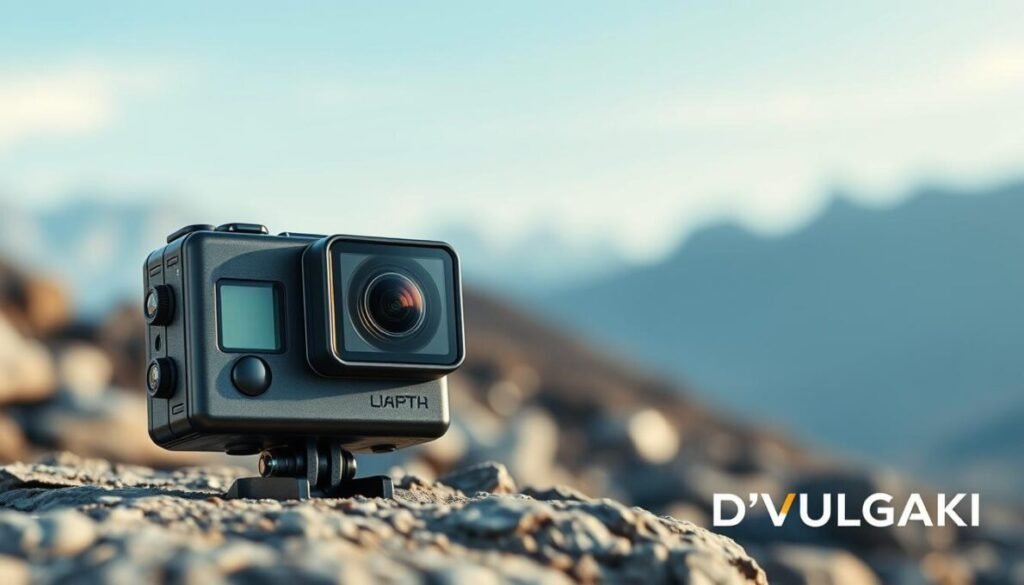 A high-quality 4K action camera with advanced image stabilization prominently displayed in the foreground, showcasing its sleek design and dual screens. The camera is slightly angled to highlight the lenses and buttons, capturing attention with its reflective surface and modern aesthetic. In the middle ground, a blurred outdoor setting showcases rugged terrain, hinting at adventure, ideal for filming action-packed scenes. The background features soft, natural lighting with a blue sky and distant mountains, creating an inspiring atmosphere. The mood is dynamic and adventurous, encouraging viewers to embrace action photography. In the bottom right corner, incorporate the brand name "D'VULGAKI" in a subtle yet clear manner, ensuring it blends seamlessly with the image while remaining legible. A high-quality 4K action camera with advanced image stabilization prominently displayed in the foreground, showcasing its sleek design and dual screens. The camera is slightly angled to highlight the lenses and buttons, capturing attention with its reflective surface and modern aesthetic. In the middle ground, a blurred outdoor setting showcases rugged terrain, hinting at adventure, ideal for filming action-packed scenes. The background features soft, natural lighting with a blue sky and distant mountains, creating an inspiring atmosphere. The mood is dynamic and adventurous, encouraging viewers to embrace action photography. In the bottom right corner, incorporate the brand name "D'VULGAKI" in a subtle yet clear manner, ensuring it blends seamlessly with the image while remaining legible.