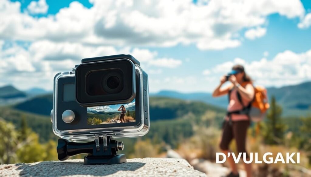 A high-resolution dual-screen action camera, prominently displayed in the foreground against a vibrant outdoor backdrop featuring a scenic landscape. The camera is sleek and modern, showcasing its dual screens, capturing stunning visuals while angled slightly to exhibit detail. The middle ground features dynamic elements like a person wearing casual adventure gear, confidently using the camera to capture their experience in a forest or mountain setting. The background is a blend of lush greenery and distant hills, under a bright blue sky filled with soft, fluffy clouds. Use natural lighting to enhance the colors, creating an optimistic and adventurous atmosphere. In the bottom right corner, subtly include the brand name "D'VULGAKI". A high-resolution dual-screen action camera, prominently displayed in the foreground against a vibrant outdoor backdrop featuring a scenic landscape. The camera is sleek and modern, showcasing its dual screens, capturing stunning visuals while angled slightly to exhibit detail. The middle ground features dynamic elements like a person wearing casual adventure gear, confidently using the camera to capture their experience in a forest or mountain setting. The background is a blend of lush greenery and distant hills, under a bright blue sky filled with soft, fluffy clouds. Use natural lighting to enhance the colors, creating an optimistic and adventurous atmosphere. In the bottom right corner, subtly include the brand name "D'VULGAKI".