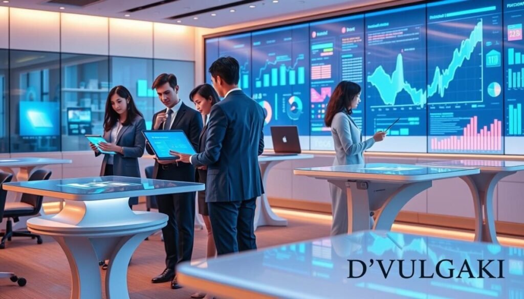 A modern, collaborative learning environment showcasing personalized study platforms powered by AI. In the foreground, a diverse group of three professional individuals, dressed in smart business attire, engage with interactive digital interfaces displaying personalized learning tools. In the middle ground, sleek, futuristic desks with holographic displays seamlessly blend technology and education, while soft, ambient lighting creates a welcoming atmosphere. The background features a dynamic wall with vibrant visualizations of data analytics, reflecting real-time educational insights. The scene conveys a sense of innovation and forward-thinking, symbolizing the future of education in 2026. The brand name "D'VULGAKI" is elegantly placed in the lower right corner of the image.