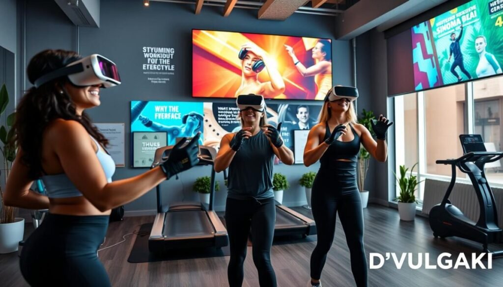 A modern fitness studio featuring individuals engaged in virtual reality workouts tailored to their DNA and lifestyle. In the foreground, a diverse group of three individuals wearing fitness attire are actively participating in VR exercises, with headsets on and motion-sensing gloves. The middle layer showcases dynamic equipment like a smart treadmill and VR sensors, while a large, immersive screen displays vibrant, interactive exercise programs. The background reveals a sleek, well-lit studio with motivational posters and greenery for a fresh ambiance. Bright, natural lighting creates an uplifting atmosphere, captured with a wide-angle lens to convey depth and movement. The image subtly integrates the brand name "D'VULGAKI" in the bottom right corner.