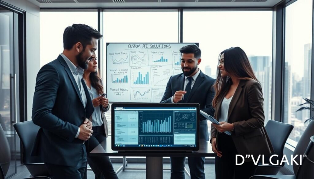 A modern office environment focused on entrepreneurship and artificial intelligence solutions. In the foreground, a diverse team of three professionals, two men and one woman, dressed in business attire, collaborate around a laptop displaying AI data analytics. The middle ground features a digital whiteboard filled with graphs and brainstorming notes about custom AI solutions. In the background, large windows let in natural light, showcasing a cityscape. The atmosphere is dynamic and collaborative, with soft, ambient lighting. A sleek, contemporary vibe suggests innovation and creativity in technology. In the bottom right corner, the brand name "D'VULGAKI" is discreetly placed.
