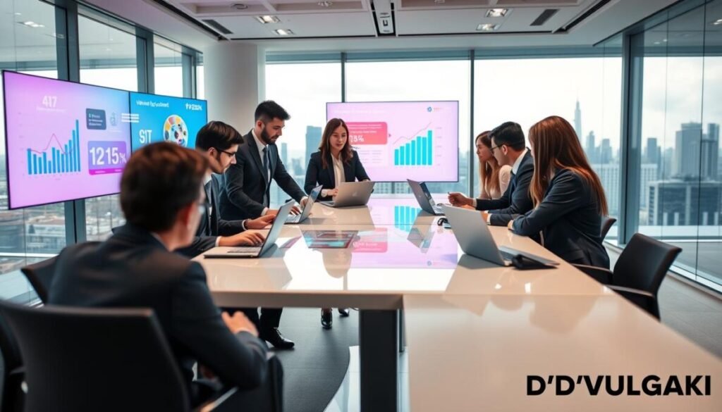 A modern office environment showcasing the monetization of AI-generated content. In the foreground, a diverse group of professionals, dressed in smart business attire, is gathered around a sleek conference table, analyzing data on laptops and digital tablets. The middle ground features graphics displaying AI-generated content metrics, such as viewer engagement and revenue streams, with vibrant digital screens. The background includes large windows with a city skyline, allowing natural light to flood the space, enhancing the creative atmosphere. The mood is energetic and innovative, symbolizing forward-thinking solutions. The scene should feel dynamic, encouraging the viewer to visualize a thriving future in artificial intelligence. Include the brand name "D'VULGAKI" in the bottom right corner, subtly integrated into the design.