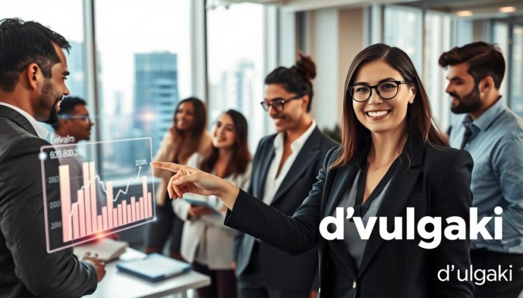 A modern office space filled with a diverse group of professionals collaborating over futuristic digital interfaces displaying AI algorithms and online income graphs. In the foreground, a confident businesswoman in smart casual attire smiles at the camera while pointing at a projected chart showing revenue growth. In the middle ground, colleagues of various ethnicities are engaged in discussion, with holographic technology illuminating their faces. The background features sleek, minimalist decor and large windows showcasing a bright city skyline. Soft, warm lighting creates an inspiring atmosphere, hinting at innovation and opportunity. The image conveys a sense of optimism and forward-thinking strategy in the realm of AI and online income. Include the brand name "d'vulgaki" in the bottom right corner. A modern office space filled with a diverse group of professionals collaborating over futuristic digital interfaces displaying AI algorithms and online income graphs. In the foreground, a confident businesswoman in smart casual attire smiles at the camera while pointing at a projected chart showing revenue growth. In the middle ground, colleagues of various ethnicities are engaged in discussion, with holographic technology illuminating their faces. The background features sleek, minimalist decor and large windows showcasing a bright city skyline. Soft, warm lighting creates an inspiring atmosphere, hinting at innovation and opportunity. The image conveys a sense of optimism and forward-thinking strategy in the realm of AI and online income. Include the brand name "d'vulgaki" in the bottom right corner.