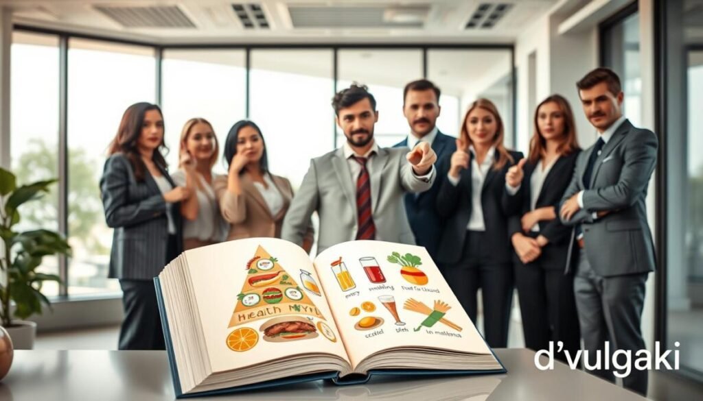 A professional and visually engaging depiction of health myths in 2025. In the foreground, an illustrated open book displays various health myth icons, like a food pyramid with exaggerated unhealthy options, along with stylized representations of common misconceptions like "detox" drinks and "miracle" diets. The middle ground features a diverse group of individuals, including men and women in professional business attire, pointing at the book with expressions of curiosity and skepticism. In the background, a bright, modern office setting with large windows and soft natural light creates an inviting atmosphere for analysis. The mood is thoughtful, encouraging critical thinking about health information. Include "d'vulgaki" in the bottom right corner of the image.