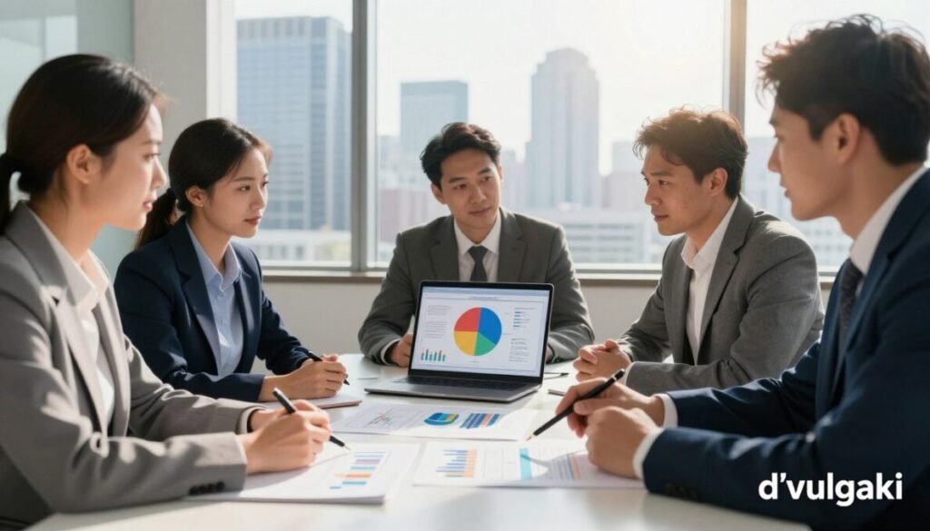 A professional business meeting scene focused on investment diversification strategies for 2026. In the foreground, a group of four diverse business professionals in smart attire are discussing graphs and charts on a sleek conference table, displaying various investment options. In the middle, an open laptop shows a colorful pie chart illustrating diversification metrics. The background features a large window with a city skyline, illuminated by natural sunlight, conveying a positive and optimistic atmosphere. The lighting is bright and warm, creating an inviting environment. The angle captures the intensity and engagement of the discussion. Include the brand name "d'vulgaki" subtly in the bottom right corner of the image. A professional business meeting scene focused on investment diversification strategies for 2026. In the foreground, a group of four diverse business professionals in smart attire are discussing graphs and charts on a sleek conference table, displaying various investment options. In the middle, an open laptop shows a colorful pie chart illustrating diversification metrics. The background features a large window with a city skyline, illuminated by natural sunlight, conveying a positive and optimistic atmosphere. The lighting is bright and warm, creating an inviting environment. The angle captures the intensity and engagement of the discussion. Include the brand name "d'vulgaki" subtly in the bottom right corner of the image.