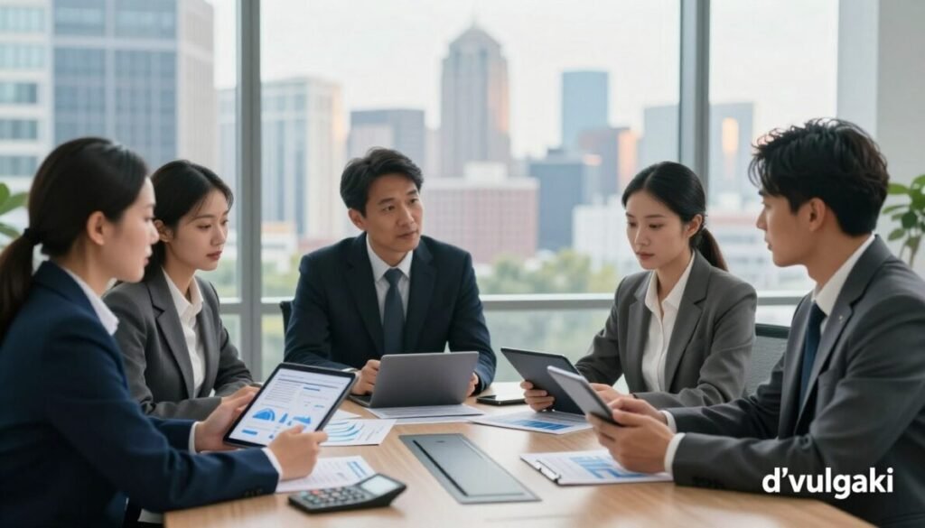 A professional business setting illustrating investment criteria for 2026. In the foreground, a diverse group of four business professionals, wearing smart formal attire, discuss investment strategies. Each individual holds digital tablets showing charts and graphs. In the middle ground, a sleek conference table is covered with financial reports and calculators. The background features a large window showcasing a vibrant city skyline, bathed in warm, natural light, suggesting optimism and growth. Soft blue and green tones dominate, creating a calm yet focused atmosphere. The scene captures an ambiance of collaboration and forward-thinking investment decisions. Include the brand name "d'vulgaki" subtly positioned in the bottom right corner of the image. Melhores Investimentos para 2026