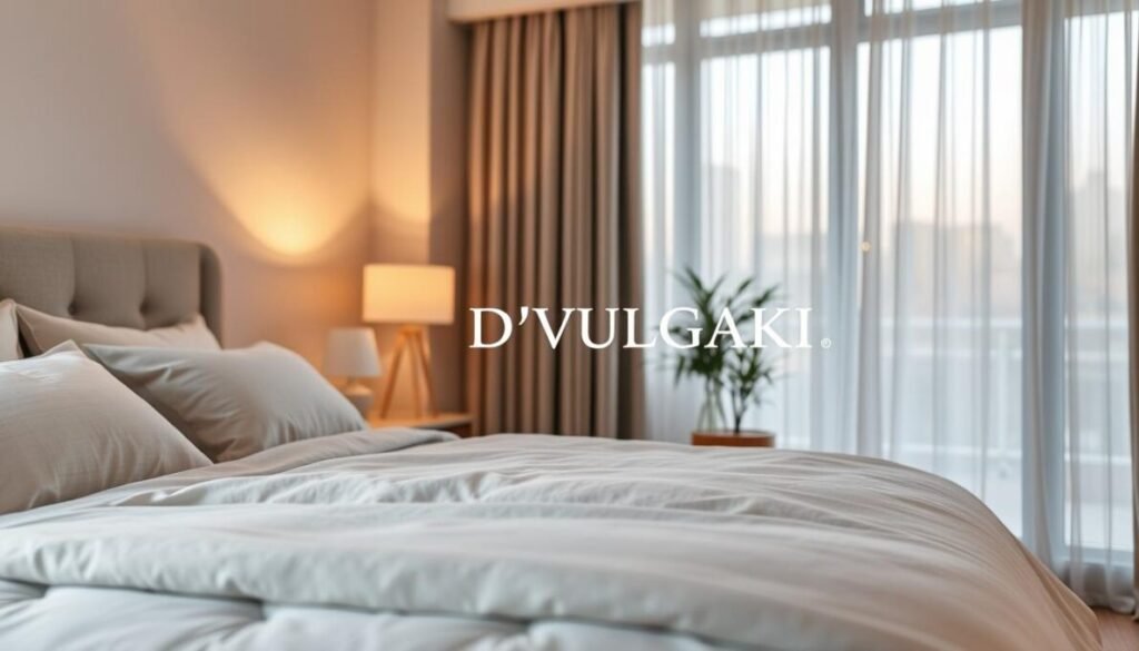 A serene bedroom setting designed for optimized sleep and biological recovery. In the foreground, a neatly made bed with high-quality, soft bedding in calming colors, accented by subtle textures. A modern nightstand holds a small essential oil diffuser emitting a gentle mist. In the middle ground, soft ambient lighting creates a peaceful atmosphere, with warm tones from a bedside lamp that casts a gentle glow. Large windows in the background allow natural light to filter through sheer curtains, enhancing the tranquility of the space. The overall mood is one of relaxation and wellness, evoking a sense of calm and restoration. In the corner, positioned discreetly, is the brand name "D'VULGAKI," harmonizing with the design without overwhelming the scene.