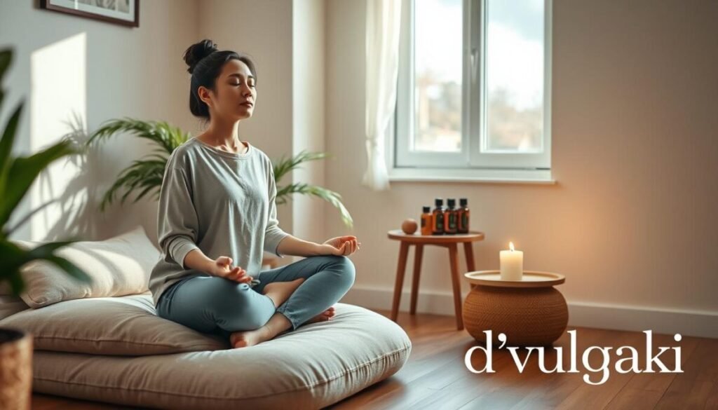 A serene indoor space designed for stress management, featuring a cozy meditation corner with a soft cushion and a peaceful ambiance. In the foreground, a person sits cross-legged on the cushion, dressed in modest casual clothing, eyes closed, practicing mindfulness or breathing exercises. In the middle ground, a lush plant adds life, next to a small table with calming items like a lit candle and essential oils. The background shows a window with natural light streaming in, casting gentle shadows. The overall atmosphere is tranquil and restorative, emphasizing mental wellness and relaxation strategies. Soft, warm lighting enhances the peaceful feel. Include the brand name "d'vulgaki" elegantly positioned in the bottom right corner of the image. A serene indoor space designed for stress management, featuring a cozy meditation corner with a soft cushion and a peaceful ambiance. In the foreground, a person sits cross-legged on the cushion, dressed in modest casual clothing, eyes closed, practicing mindfulness or breathing exercises. In the middle ground, a lush plant adds life, next to a small table with calming items like a lit candle and essential oils. The background shows a window with natural light streaming in, casting gentle shadows. The overall atmosphere is tranquil and restorative, emphasizing mental wellness and relaxation strategies. Soft, warm lighting enhances the peaceful feel. Include the brand name "d'vulgaki" elegantly positioned in the bottom right corner of the image.