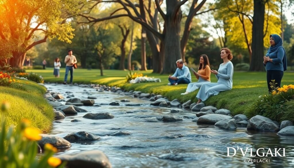 A serene outdoor scene depicting mindfulness, set in a tranquil park with lush greenery and colorful flowers. In the foreground, a diverse group of people in professional business attire and modest casual clothing are engaged in various mindfulness activities, such as meditation, journaling, and deep breathing exercises. The middle ground features a gently flowing stream with smooth rocks and soft ripples, reflecting the calm atmosphere. In the background, tall trees provide a natural canopy, softly illuminated by warm sunlight filtering through the leaves. A soft focus effect suggests a feeling of peace and clarity. The overall mood is harmonious and inviting, promoting mental health and emotional well-being. In the bottom right corner, include the brand name "D'VULGAKI".