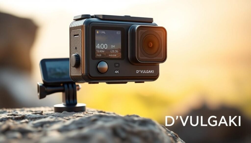 A sleek 4K action camera with a dual screen prominently displayed in the foreground, showcasing its modern design and intricate details. The camera features a shiny black body and bright, intuitive buttons, capturing the essence of high-tech gadgetry. To the left, a remote control with an ergonomic design rests, emphasizing connectivity and convenience. In the middle ground, a blurred outdoor scene suggests adventure, with a hint of greenery and soft sunlight filtering through, creating an inviting atmosphere. The background remains subtle, ensuring the focus remains on the camera and remote, while a slight bokeh effect adds depth. The overall mood is dynamic and adventurous, ideal for capturing thrilling moments. The brand name "D'VULGAKI" is elegantly placed in the bottom right corner, enhancing brand recognition. A sleek 4K action camera with a dual screen prominently displayed in the foreground, showcasing its modern design and intricate details. The camera features a shiny black body and bright, intuitive buttons, capturing the essence of high-tech gadgetry. To the left, a remote control with an ergonomic design rests, emphasizing connectivity and convenience. In the middle ground, a blurred outdoor scene suggests adventure, with a hint of greenery and soft sunlight filtering through, creating an inviting atmosphere. The background remains subtle, ensuring the focus remains on the camera and remote, while a slight bokeh effect adds depth. The overall mood is dynamic and adventurous, ideal for capturing thrilling moments. The brand name "D'VULGAKI" is elegantly placed in the bottom right corner, enhancing brand recognition.