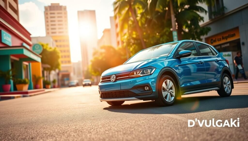 A sleek Volkswagen Polo Track Elétrico is parked on a vibrant Brazilian city street, embodying modern automotive design with its smooth curves and electric-blue color. The foreground features the car in sharp focus, showcasing its stylish headlights and aerodynamic silhouette. In the middle ground, we see typical Brazilian architecture, colorful storefronts, and lush greenery, reflecting a bustling urban environment. The background is a clear, sunny sky, casting warm light on the scene to emphasize the car’s polished finish. A slight lens flare adds to the dynamic feel of the image. In the bottom right corner, the brand name "D'VULGAKI" is subtly displayed. The overall mood is lively and optimistic, representing the future of transportation in Brazil.