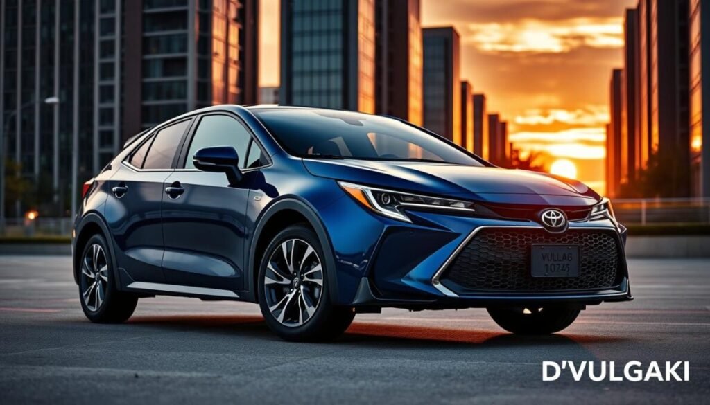 A sleek and modern 2026 Corolla Cross parked in an urban setting, showcasing its bold exterior design with sharp lines and a distinctive front grille. The vehicle is highlighted under dynamic, soft evening lighting that enhances its curves and reflections. Capture the car from a low angle to emphasize its imposing presence, with tall buildings and a sunset in the background, adding depth to the scene. The color palette features a sophisticated blend of deep blue and silver accents for a luxurious touch. In the bottom right corner, the brand name “D'VULGAKI” is subtly displayed without any distractions. The overall atmosphere conveys innovation and elegance, perfect for showcasing modern automotive design. Avaliação completa do Novo Corolla Cross 2026