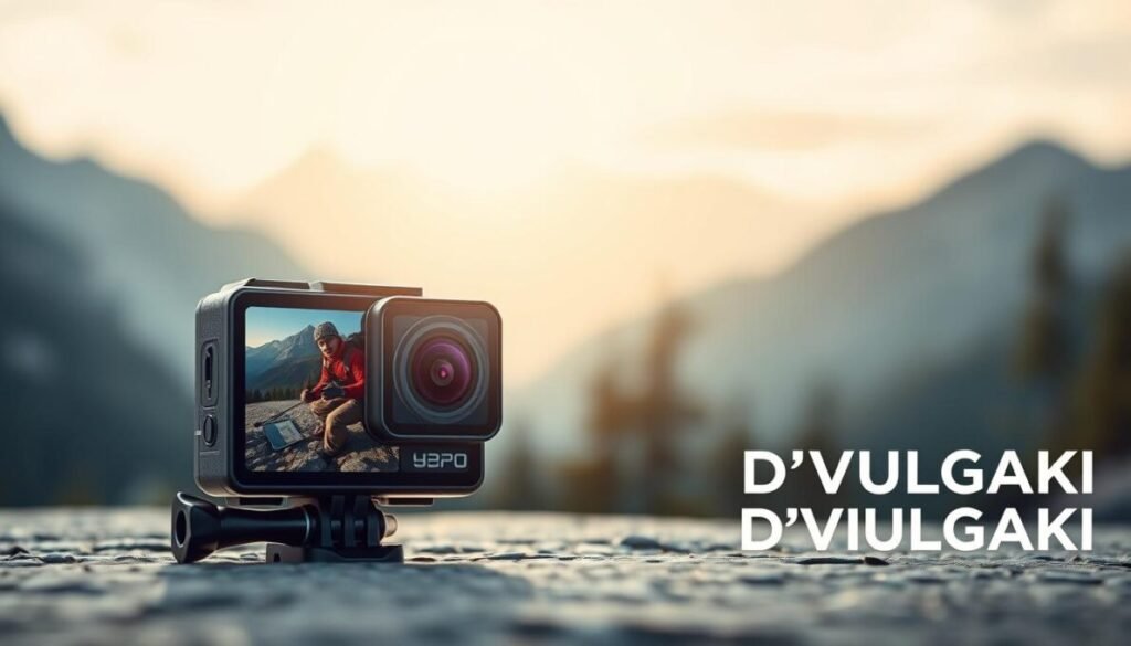 A sleek and modern 4K dual-screen action camera displayed prominently in the foreground, showcasing its design and features. The camera should be positioned at a slight angle to highlight both screens, which display vibrant, crisp visuals of an outdoor adventure scene. In the middle ground, a blurred backdrop features a scenic landscape of mountains and trees, emphasizing the camera's outdoor capabilities. Soft, natural lighting illuminates the camera, creating a dynamic yet inviting atmosphere. Capture the essence of modern technology and adventure, reflecting excitement and versatility. The brand name "D'VULGAKI" should be discreetly placed in the bottom right corner of the image, ensuring it complements the overall composition rather than distracts from it. A sleek and modern 4K dual-screen action camera displayed prominently in the foreground, showcasing its design and features. The camera should be positioned at a slight angle to highlight both screens, which display vibrant, crisp visuals of an outdoor adventure scene. In the middle ground, a blurred backdrop features a scenic landscape of mountains and trees, emphasizing the camera's outdoor capabilities. Soft, natural lighting illuminates the camera, creating a dynamic yet inviting atmosphere. Capture the essence of modern technology and adventure, reflecting excitement and versatility. The brand name "D'VULGAKI" should be discreetly placed in the bottom right corner of the image, ensuring it complements the overall composition rather than distracts from it.