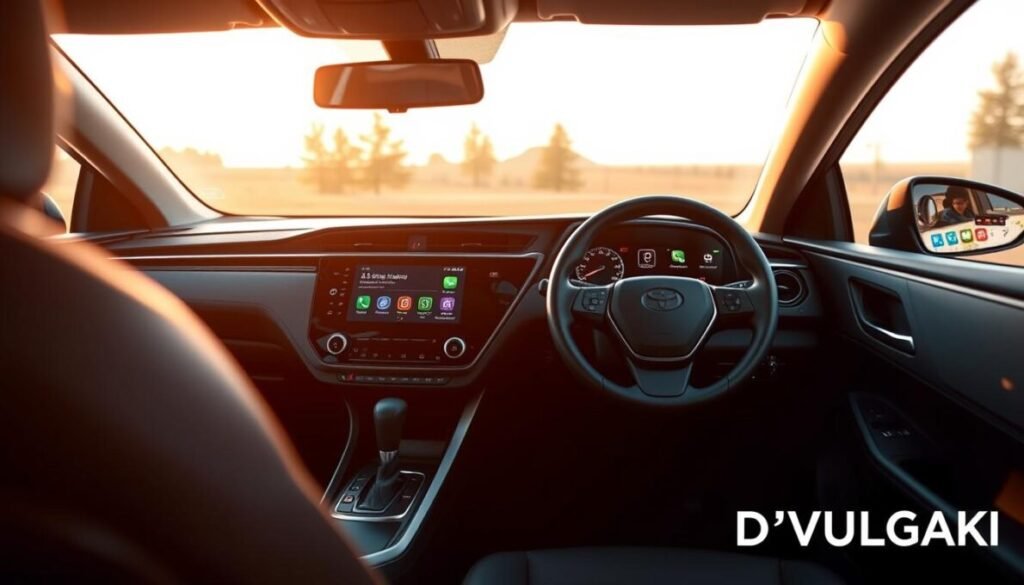 A sleek and modern interior of the 2026 Corolla Cross featuring a state-of-the-art multimedia system prominently displayed on a high-resolution touchscreen. In the foreground, detail the dashboard’s smooth lines and user-friendly layout with illuminated controls and ambient lighting in a warm tone. The middle ground should show the integration of various connectivity features, including smartphone mirroring and advanced navigation options, with soft reflections highlighting the screen’s digital clarity. Background elements include the subtle outlines of plush seating and eco-friendly materials, suggesting comfort and advanced technology. Create a cozy atmosphere with soft, natural lighting filtering through tinted windows. In the bottom right corner, add the brand name "D'VULGAKI" tastefully, reinforcing the premium feel of the vehicle while maintaining a clean aesthetic. Avaliação completa do Novo Corolla Cross 2026