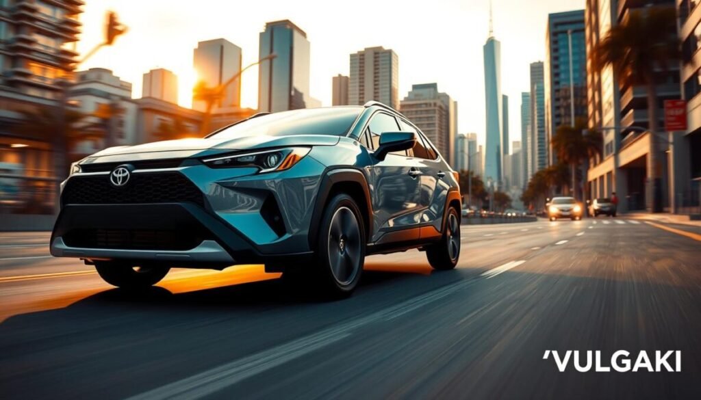 A sleek, modern 2026 Corolla Cross emerges from a vibrant urban environment, showcasing its advanced design and performance features. In the foreground, highlight the dynamic contours of the vehicle, with glossy paint reflecting the soft glow of sunset. The middle layer features the car in motion, demonstrating its powerful engine and agility on the road, with blurred lines suggesting speed. In the background, a bustling city skyline under a warm, golden hour sky sets the atmosphere, enhancing the sense of innovation and sophistication. Utilize a low-angle shot to emphasize the vehicle's stature, capturing details like alloy wheels and LED headlights. In the bottom right corner, subtly include the brand name "D'VULGAKI". The overall mood is energetic and progressive, illustrating the Corolla Cross’s performance capabilities. Avaliação completa do Novo Corolla Cross 2026