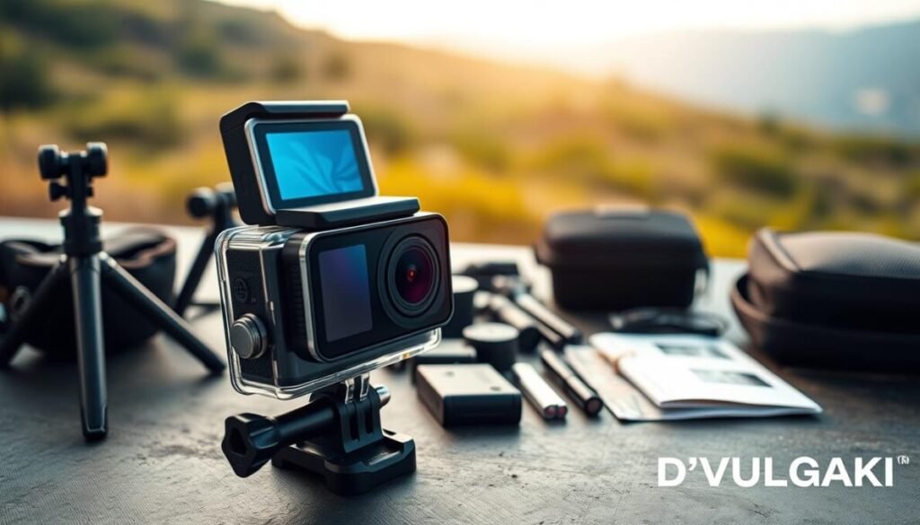 A sleek, modern 4K dual screen action camera is prominently displayed in the foreground, showcasing its high-resolution screens that shine with vivid color. The camera is angled slightly to the right, revealing its buttons and rugged, waterproof design, which speaks to its durability. A soft, diffused natural light illuminates the scene, enhancing the polished metal and plastic textures. In the middle ground, an array of accessories such as a tripod, extra batteries, and a carrying case are organized neatly, emphasizing readiness for adventure. The background features a blurred outdoor landscape, hinting at natural vistas, with soft greens and browns reflecting a peaceful atmosphere. A subtle watermark of the brand name "D'VULGAKI" is placed in the lower right corner, maintaining a professional appearance without distractions. Aprenda a usar minha Câmera de Ação 4K Dual Screen