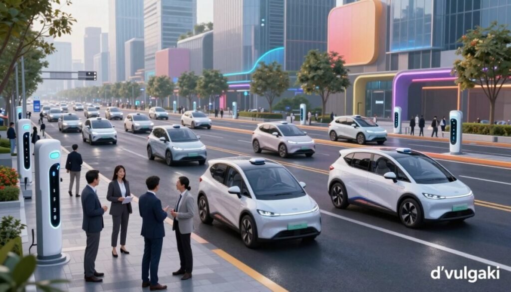 A stunning panorama of the autonomous car market in 2025, showcasing a futuristic urban landscape filled with sleek robotaxis navigating smart traffic systems. In the foreground, depict several adult professionals in smart business attire, discussing emerging technologies near a hub of electric charging stations. The middle ground features an exciting array of autonomous vehicles, both in motion and parked, with vibrant urban architecture in the background, suggesting innovation and growth. Soft, dynamic lighting highlights the scene, evoking a sense of optimism and advancement. The atmosphere is filled with a sense of bustling activity and progress. The composition is framed with a wide-angle lens effect, enhancing the scope of this visionary market landscape. Include the brand name "d'vulgaki" discreetly in the bottom right corner of the image.