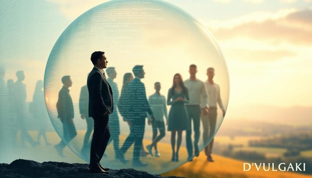 A surreal depiction of psychological liberation from a digital bubble. In the foreground, a person in professional attire stands at the edge of a transparent, fractal-like bubble made of digital code and pixels, looking contemplative. The middle ground features blurred silhouettes of abstract figures, symbolizing social connections and distractions fading away. The background portrays a serene landscape with bright, natural colors, symbolizing freedom and clarity. Soft, ethereal lighting filters through the bubble, creating a gentle glow and emphasizing the contrast between the confined digital chaos and the peaceful outside world. The overall mood is one of introspection and hope, capturing the emotional impact of breaking free from a digital existence. Watermark in the lower right corner: "D'VULGAKI".