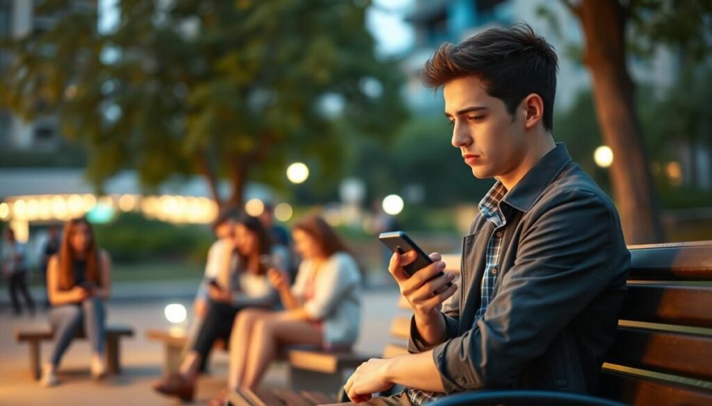 A thoughtful young adult, sitting on a modern urban park bench, absorbed in their smartphone, with a concerned expression reflecting the mental health impacts of immersive social media. In the foreground, the individual, dressed in casual yet professional attire, holds the phone close and gazes into its screen, symbolizing isolation amidst connectivity. The middle ground features a blurred group of friends nearby, laughing and engaged with their devices, contrasting the subject's solitude. The background showcases a vibrant cityscape, slightly out of focus, filled with buildings and greenery, under a warm, soft evening light that casts gentle shadows. The mood of the image is introspective and contemplative, emphasizing the quiet struggle within the bustling environment. The final composition should resonate with the theme of mental health in the era of social media. D'VULGAKI.