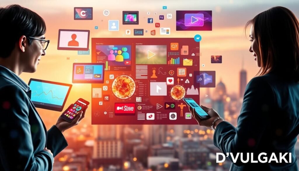 A vibrant, abstract representation of digital content diversity, showcasing various multimedia elements like videos, podcasts, articles, and social media icons. In the foreground, a diverse group of three professionals in smart business attire interact with floating digital screens displaying colorful graphics and data. The middle layer depicts an array of content types blending seamlessly, incorporating visuals that suggest engagement and exploration. In the background, a soft-focus cityscape symbolizes the digital world's vastness, bathed in warm, inviting lighting. The scene evokes a sense of curiosity and hope with a harmonious color palette. Place the brand name "D'VULGAKI" in the bottom right corner for branding.