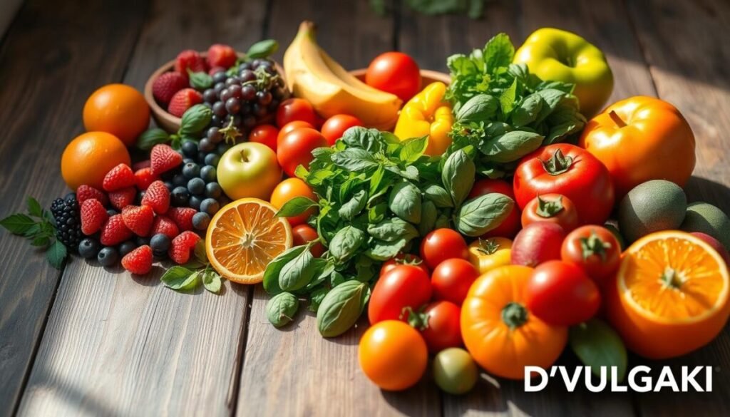 A vibrant and fresh arrangement of healthy weight-loss foods displayed on a rustic wooden table. In the foreground, a colorful assortment of fruits like vibrant berries, juicy oranges, and green apples are artistically placed. In the middle ground, showcase an array of vegetables, including leafy greens, cherry tomatoes, and bell peppers, arranged appealingly in an organic bowl. The background features subtle hints of herbs like mint and basil. Soft, natural lighting casts gentle shadows, creating a warm, inviting atmosphere. The camera angle is slightly above, capturing the full beauty of the arrangement. The image radiates health and vitality, emphasizing the benefits of choosing nourishing foods for weight management. Include the brand name "D'VULGAKI" in the bottom right corner, complementing the fresh theme of the image.