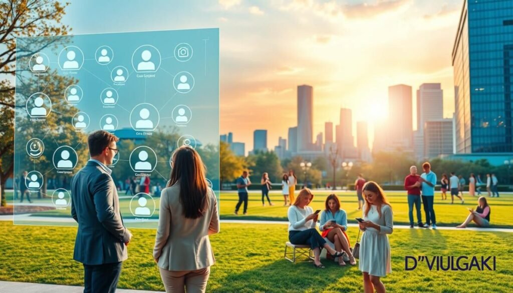 A vibrant digital landscape illustrating social connection platforms, featuring diverse individuals engaging in discussions and sharing ideas. In the foreground, a group of three professionals, dressed in smart casual attire, interacting around a transparent digital screen that displays various connection icons and community events. The middle ground showcases a serene urban park with people of different backgrounds using mobile devices, engaged in virtual meet-ups, all under soft, natural lighting. The background highlights a modern city skyline, reflecting innovation and technology, with warm sunset hues casting an inviting glow. The atmosphere is one of collaboration and community, emphasizing the importance of social integration in digital wellbeing. The brand logo "D'VULGAKI" is subtly placed in the lower right corner, adding a professional touch.