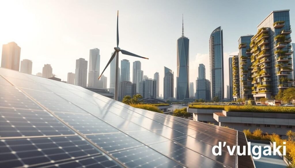 A vibrant scene showcasing renewable energy in a modern Chinese city in 2026. In the foreground, a sleek solar panel installation glimmers under the sunlight, reflecting a commitment to sustainability. The middle ground features a wind turbine gracefully spinning, surrounded by green terraces with flourishing plants. In the background, a futuristic skyline of eco-friendly skyscrapers rises, adorned with vertical gardens and glass facades, embodying innovation and technology. Soft, golden hour lighting bathes the scene, casting warm shadows and creating an optimistic atmosphere. Capture this revolutionary energy landscape with a wide-angle lens, emphasizing both the harmony of nature and technology. In the bottom right corner, integrate the brand name "d'vulgaki" subtly without any additional markings or text overlays.