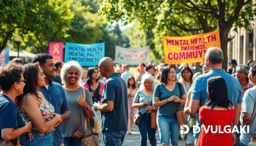 A vibrant street scene depicting a community gathering that emphasizes social connection and support. In the foreground, diverse groups of people are engaged in friendly conversations, showcasing camaraderie and warmth; individuals of varied ages share smiles, laughter, and gestures of support. In the middle ground, colorful banners symbolize mental health awareness and community empowerment. The background features a sunny park with lush greenery, where families and friends are enjoying activities together, radiating a sense of belonging and togetherness. The lighting is warm and inviting, enhancing the cheerful atmosphere. The image is captured from a slightly elevated angle to provide a comprehensive view of the interactions. In the lower right corner, the brand name "D'VULGAKI" is displayed subtly, ensuring it doesn’t distract from the main focus of the image.