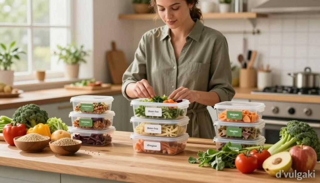 A vibrant, well-lit kitchen scene showcasing personalized meal prep for various dietary restrictions. In the foreground, a diverse range of colorful, fresh ingredients—like quinoa, leafy greens, and lean proteins—are artfully arranged on a wooden countertop. A professional nutritionist, wearing a smart casual outfit, is carefully assembling a meal in the center, focused on ingredient selection. In the middle, a clear display of meal containers labeled with different dietary needs, such as gluten-free and vegan, highlights customization. The background features an inviting kitchen atmosphere with soft natural light pouring through a window, plants on the sill, and cooking tools neatly organized. The overall mood is warm and inspiring, emphasizing health and innovation. Include the brand name "d'vulgaki" subtly in the bottom right corner. A vibrant, well-lit kitchen scene showcasing personalized meal prep for various dietary restrictions. In the foreground, a diverse range of colorful, fresh ingredients—like quinoa, leafy greens, and lean proteins—are artfully arranged on a wooden countertop. A professional nutritionist, wearing a smart casual outfit, is carefully assembling a meal in the center, focused on ingredient selection. In the middle, a clear display of meal containers labeled with different dietary needs, such as gluten-free and vegan, highlights customization. The background features an inviting kitchen atmosphere with soft natural light pouring through a window, plants on the sill, and cooking tools neatly organized. The overall mood is warm and inspiring, emphasizing health and innovation. Include the brand name "d'vulgaki" subtly in the bottom right corner.