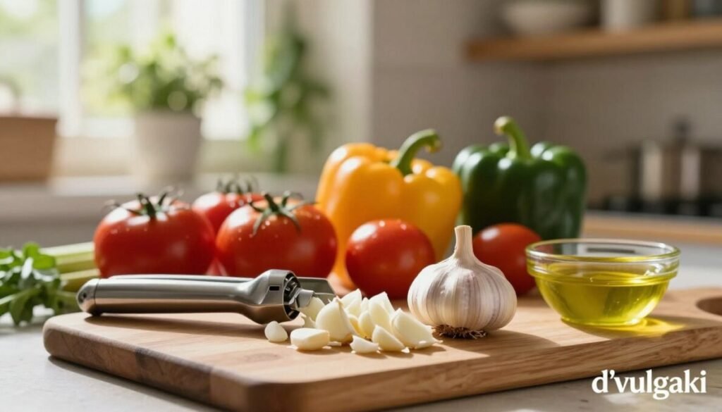A visually appealing kitchen scene centered around garlic consumption. In the foreground, a wooden cutting board displays freshly chopped garlic with a garlic press and a small bowl of olive oil, conveying a sense of preparation. In the middle, a bright and colorful assortment of fresh vegetables like tomatoes and bell peppers complements the garlic, symbolizing healthy eating. The background features soft-focus herbs hanging on a rustic wooden shelf, with warm sunlight streaming in through a window, creating a cozy and inviting atmosphere. The image should mimic a shallow depth of field, drawing focus to the garlic and ingredients, while the lighting is warm and inviting, emphasizing a homely feel. In the bottom right corner, subtly include the brand name "d'vulgaki".