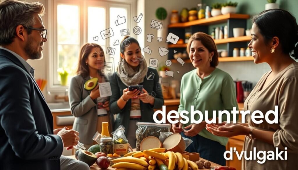 A visually captivating scene depicting popular food myths debunked. In the foreground, a diverse group of three individuals dressed in professional and modest casual attire, engaging in an animated discussion while surrounded by common food items, such as avocados, gluten-free products, and supplements, which are often misrepresented. The middle layer features an abstract representation of nutrition labels and social media icons symbolizing viral misinformation. In the background, a colorful and inviting kitchen setting with natural light streaming through a window, enhancing the warmth of the space. The atmosphere is engaging and educational, conveying a sense of curiosity and revelation. The brand name "d'vulgaki" is subtly placed in the bottom right corner.