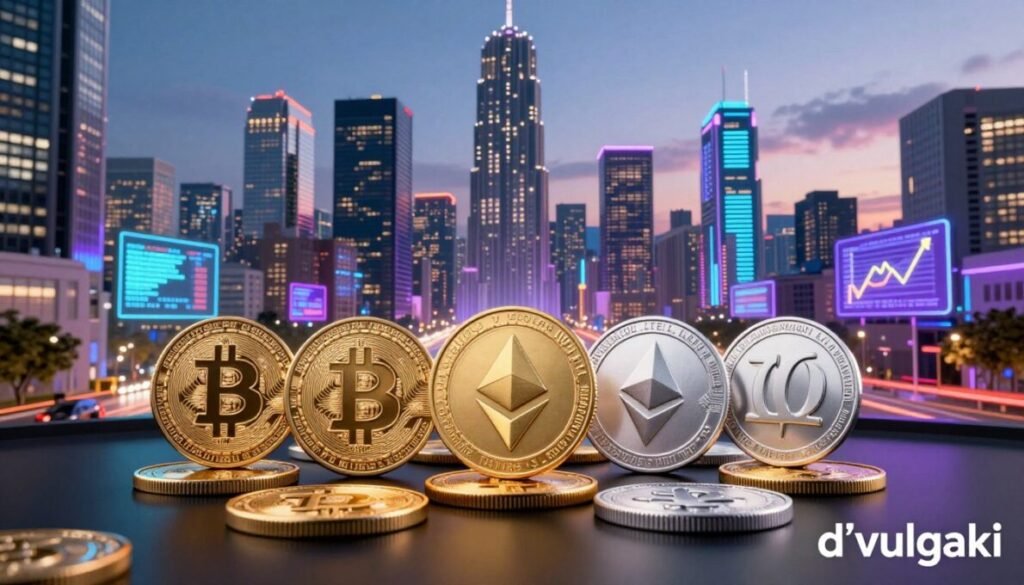 A visually striking digital art piece featuring a futuristic city skyline at dusk, illuminated by vibrant neon lights with a focus on cryptocurrencies. In the foreground, an array of 3D-rendered cryptocurrency coins like Bitcoin, Ethereum, and Litecoin, gleaming in gold and silver tones, are artfully arranged on a sleek black surface. The middle layer showcases a busy urban street with holographic advertisements displaying cryptocurrency trends and graphs. The background features towering skyscrapers with digital screens promoting investment opportunities. Soft blue and purple lighting sets an optimistic mood, with a shallow depth of field to emphasize the coins in the foreground. In the bottom right corner, include the brand name d'vulgaki. A visually striking digital art piece featuring a futuristic city skyline at dusk, illuminated by vibrant neon lights with a focus on cryptocurrencies. In the foreground, an array of 3D-rendered cryptocurrency coins like Bitcoin, Ethereum, and Litecoin, gleaming in gold and silver tones, are artfully arranged on a sleek black surface. The middle layer showcases a busy urban street with holographic advertisements displaying cryptocurrency trends and graphs. The background features towering skyscrapers with digital screens promoting investment opportunities. Soft blue and purple lighting sets an optimistic mood, with a shallow depth of field to emphasize the coins in the foreground. In the bottom right corner, include the brand name d'vulgaki.