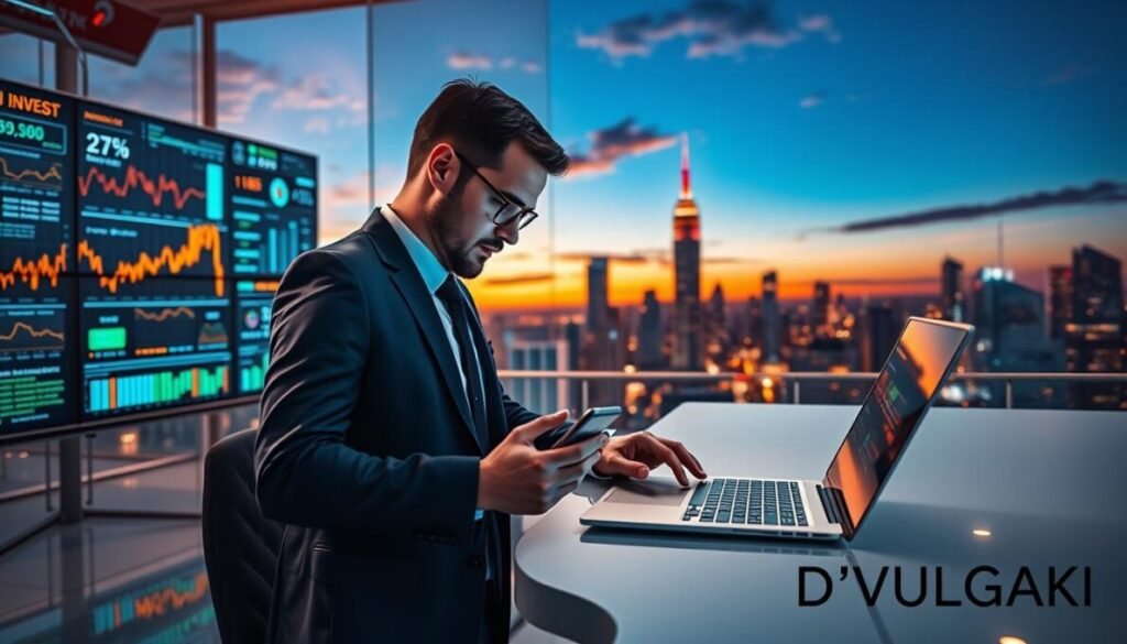 A visually striking image depicting an individual engaged in investing in artificial intelligence for financial gains. In the foreground, a professional person in smart business attire, deeply focused on a sleek laptop, analyzing data charts and graphs glowing with vibrant colors. In the middle ground, a bright, dynamic workspace adorned with high-tech gadgets, large monitors displaying AI algorithms, and financial metrics. The background features a panoramic view of a modern city skyline, symbolizing growth and prosperity, under a sky filled with the warm hues of a setting sun. The scene is infused with a sense of optimism and ambition, enhanced by warm lighting that creates an inviting atmosphere. Include the brand name "D'VULGAKI" in the bottom right corner.