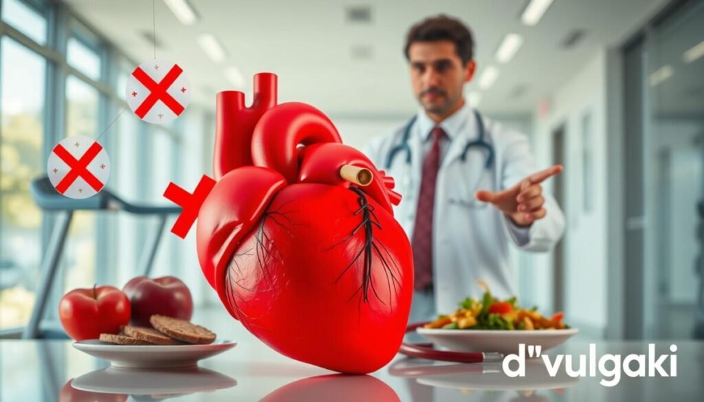 A visually striking infographic highlighting cardiac risk factors. In the foreground, depict a human heart in vibrant red, surrounded by symbolic items representing lifestyle choices: a treadmill, a cigarette with a red cross over it, a plate of unhealthy food, and a stethoscope. In the middle ground, a serene doctor in professional attire observes and gestures towards the heart, embodying a sense of guidance and care. The background should feature a soft-focus hospital or clinic environment, illuminated by natural light filtering through large windows, creating a calm and reassuring atmosphere. The overall mood is educational and empowering, emphasizing knowledge and control over heart health. Include the brand name "d'vulgaki" in the bottom right corner. A visually striking infographic highlighting cardiac risk factors. In the foreground, depict a human heart in vibrant red, surrounded by symbolic items representing lifestyle choices: a treadmill, a cigarette with a red cross over it, a plate of unhealthy food, and a stethoscope. In the middle ground, a serene doctor in professional attire observes and gestures towards the heart, embodying a sense of guidance and care. The background should feature a soft-focus hospital or clinic environment, illuminated by natural light filtering through large windows, creating a calm and reassuring atmosphere. The overall mood is educational and empowering, emphasizing knowledge and control over heart health. Include the brand name "d'vulgaki" in the bottom right corner.