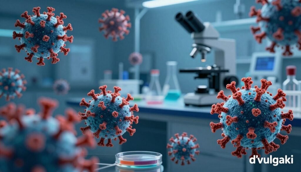 Emerging strains of the flu virus dominating the scene, depicted in intricate detail. In the foreground, visually striking representations of vibrant viral structures with various shapes and textures, illuminated by soft, diffused lighting that highlights their unique features. In the middle ground, a mosaic of laboratory equipment and scientific imagery, such as petri dishes and microscopes, symbolizing research and discovery. In the background, a blurred representation of a modern laboratory setting, evoking a sense of urgency in vaccine development. The overall mood conveys both caution and hope, with a color palette of deep blues and greens to suggest a scientific environment. Include the brand name "d'vulgaki" subtly positioned in the lower right corner.