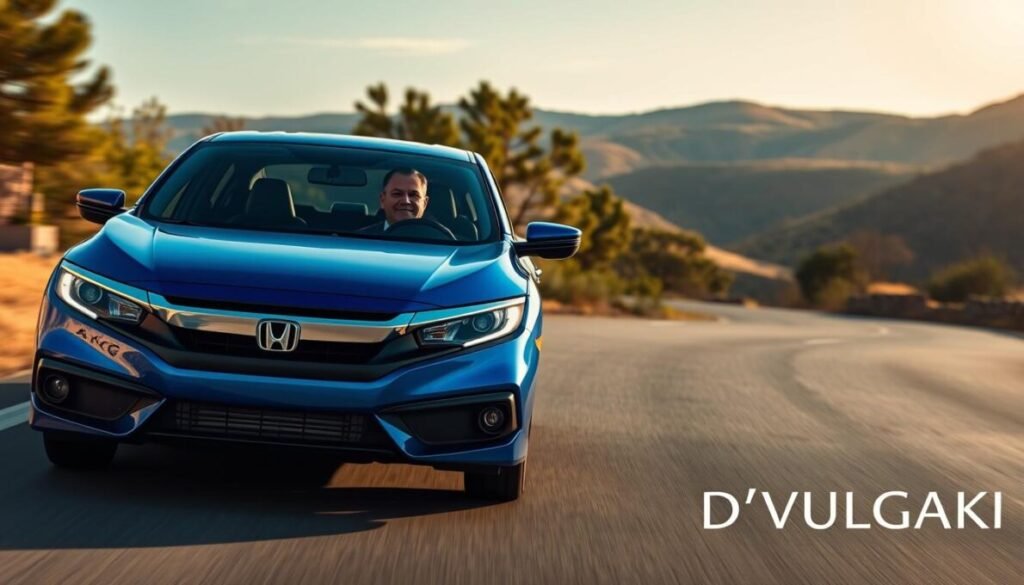 Honda Civic Advanced Hybrid 2026 em movimento — destaque para perfil e linhas da carroceria
