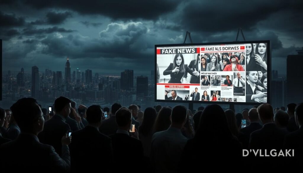In a darkened urban setting of Brazil in 2026, depict a chaotic scene of misinformation spreading across social media. In the foreground, a diverse group of people in business attire are gazing at their smartphones with expressions of shock and confusion. In the middle ground, a large digital screen displays distorted news headlines and eye-catching images representing fake news, with vibrant colors that contrast sharply against gloomy shadows. In the background, a skyline of a Brazilian city is visible under a cloudy sky, symbolizing uncertainty. The lighting should be moody and dramatic, with spotlight effects illuminating the screen, creating an urgent atmosphere. The image should capture the essence of the new era of disinformation with a feeling of alarm and caution. Branding should include "D'VULGAKI" subtly integrated into the visual elements.