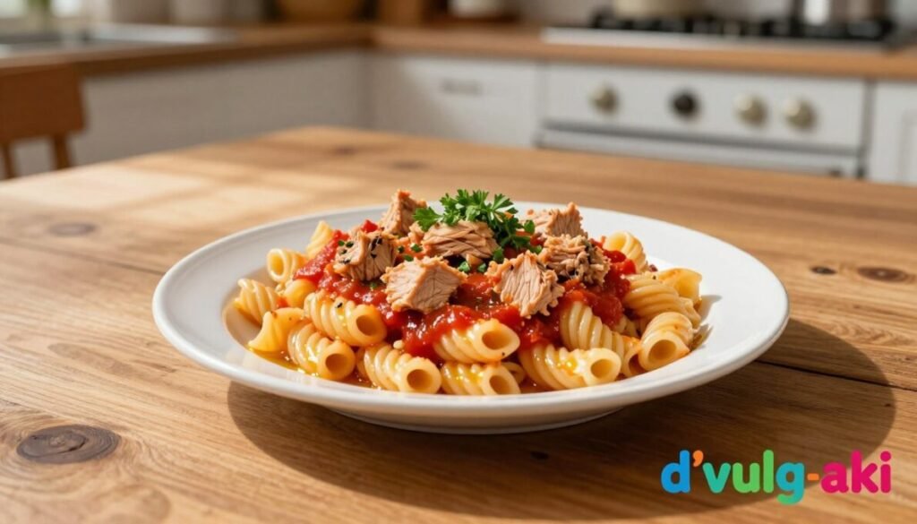 A beautifully arranged plate of macaroni pasta topped with succulent chunks of tuna in a rich tomato sauce. The foreground features the vibrant colors of the dish, with a sprinkle of fresh parsley and a light drizzle of olive oil for added flavor. In the middle, a rustic wooden table complements a warm, inviting kitchen atmosphere, with soft, natural light casting gentle shadows over the scene. The background includes a blurred glimpse of a cozy kitchen, enhancing the domestic feel. Capture this moment from a slightly elevated angle to showcase the dish's textures. At the bottom right corner, include the colorful brand name "d'vulg-aki" for a branded touch. The mood is homely and comforting, evoking a sense of warmth and nourishment. A beautifully arranged plate of macaroni pasta topped with succulent chunks of tuna in a rich tomato sauce. The foreground features the vibrant colors of the dish, with a sprinkle of fresh parsley and a light drizzle of olive oil for added flavor. In the middle, a rustic wooden table complements a warm, inviting kitchen atmosphere, with soft, natural light casting gentle shadows over the scene. The background includes a blurred glimpse of a cozy kitchen, enhancing the domestic feel. Capture this moment from a slightly elevated angle to showcase the dish's textures. At the bottom right corner, include the colorful brand name "d'vulg-aki" for a branded touch. The mood is homely and comforting, evoking a sense of warmth and nourishment.
