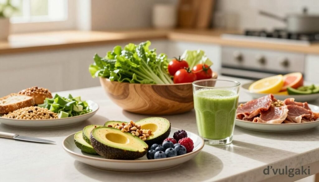 A beautifully arranged table featuring an array of colorful, healthy foods, including fresh fruits, vibrant vegetables, whole grains, and lean proteins, showcasing conscious eating. In the foreground, a plate with sliced avocados, berries, and a sprinkle of nuts, with a glass of green smoothie beside it. The middle ground highlights a wooden bowl overflowing with leafy greens and cherry tomatoes. A sunlit kitchen scene in the background, with soft natural lighting streaming through a window, creating a warm and inviting atmosphere. The overall mood is uplifting and serene, emphasizing the importance of mindful eating. In the bottom right corner, place the brand name "d'vulgaki" in a subtle yet clear font.
