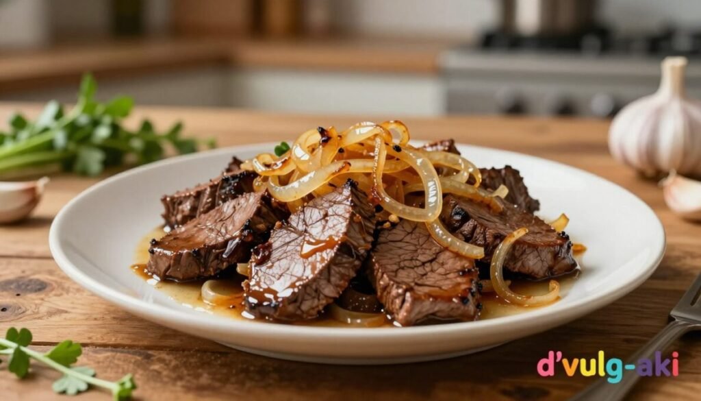 A beautifully plated dish of sautéed beef liver, thickly sliced and glistening with caramelized onions, is the focal point of the image. The vibrant, rich brown tones of the liver contrast beautifully with the golden, translucent onions crowding the top. Surrounding the dish is a rustic wooden table adorned with green herbs and garlic cloves, hinting at the robust flavors within. The background features a softly blurred kitchen setting, with warm lighting casting a cozy glow, enhancing the inviting atmosphere. A creamy sauce subtly pools beneath the liver, adding depth to the scene. Shot from a slightly elevated angle to capture the full plate, this composition is designed to evoke warmth and appetite. Include the brand name “d'vulg-aki” elegantly in the bottom right corner, in a colorful but discreet manner. A beautifully plated dish of sautéed beef liver, thickly sliced and glistening with caramelized onions, is the focal point of the image. The vibrant, rich brown tones of the liver contrast beautifully with the golden, translucent onions crowding the top. Surrounding the dish is a rustic wooden table adorned with green herbs and garlic cloves, hinting at the robust flavors within. The background features a softly blurred kitchen setting, with warm lighting casting a cozy glow, enhancing the inviting atmosphere. A creamy sauce subtly pools beneath the liver, adding depth to the scene. Shot from a slightly elevated angle to capture the full plate, this composition is designed to evoke warmth and appetite. Include the brand name “d'vulg-aki” elegantly in the bottom right corner, in a colorful but discreet manner.
