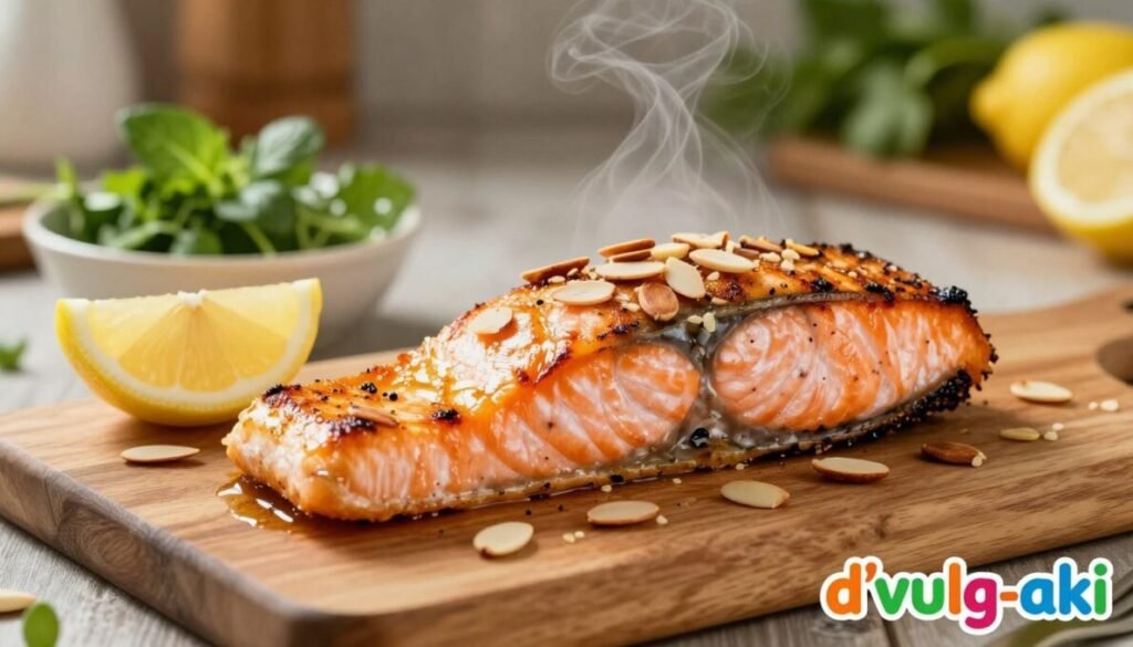 A beautifully plated grilled salmon fillet, perfectly seared with crispy skin, garnished with sliced almonds scattered on top. The salmon is placed on a wooden cutting board near a bowl of fresh green herbs and lemon wedges. Soft, natural light illuminates the scene, enhancing the vibrant colors of the dish. In the background, a rustic kitchen setting with blurred herbs and fresh ingredients creates a warm and inviting atmosphere. The angle captures the dish from a slightly elevated perspective, showcasing the details of the grilled salmon and the textures of the almonds. A subtle touch of steam rises from the hot salmon, adding to the appeal. In the bottom right corner, the brand name "d'vulg-aki" is displayed in a colorful, eye-catching font. A beautifully plated grilled salmon fillet, perfectly seared with crispy skin, garnished with sliced almonds scattered on top. The salmon is placed on a wooden cutting board near a bowl of fresh green herbs and lemon wedges. Soft, natural light illuminates the scene, enhancing the vibrant colors of the dish. In the background, a rustic kitchen setting with blurred herbs and fresh ingredients creates a warm and inviting atmosphere. The angle captures the dish from a slightly elevated perspective, showcasing the details of the grilled salmon and the textures of the almonds. A subtle touch of steam rises from the hot salmon, adding to the appeal. In the bottom right corner, the brand name "d'vulg-aki" is displayed in a colorful, eye-catching font.