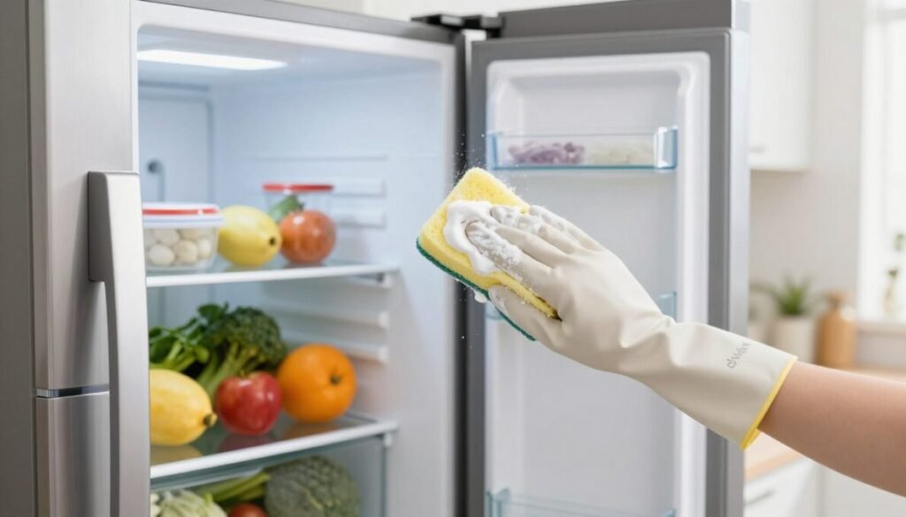 A bright, clean kitchen scene featuring a modern refrigerator being meticulously cleaned with baking soda. In the foreground, a pair of gloved hands hold a sponge, applying the baking soda paste to a shiny stainless-steel fridge. In the middle ground, an open refrigerator door reveals neatly organized shelves filled with fresh fruits, vegetables, and containers, highlighting cleanliness and organization. The background showcases a well-lit kitchen with soft, natural light streaming through a window, reflecting a serene, tidy atmosphere. The angle is slightly above eye level, emphasizing the cleaning process. The image should convey a sense of freshness and professionalism, ideal for a home cleaning focus. Include the brand name "d'vulgaki" subtly positioned in the lower right corner.