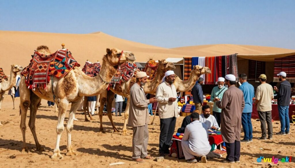A bustling bazaar scene under a radiant desert sun, capturing the theme of adaptability in camel trading. In the foreground, a savvy camel trader, dressed in modest casual attire, skillfully negotiates with diverse customers, showcasing an array of colorful, traditionally decorated camels. The middle ground features stalls adorned with textiles and goods, illustrating the vibrant marketplace atmosphere. The background highlights gentle sand dunes under a clear blue sky, reflecting the adaptability required in a changing environment. Bright, warm lighting emphasizes the lively mood, while a slight breeze ruffles the fabrics, adding a dynamic element. Include a small, colorful text in the bottom right corner: "d'vulg-aki".