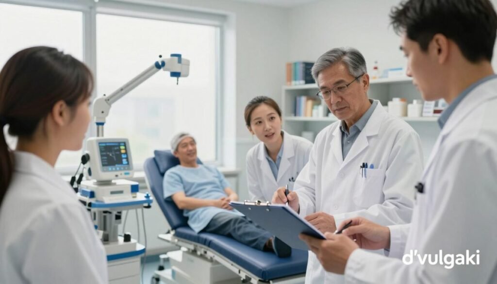 A clinical research setting showcasing the "Carthiae Study" involving advanced CAR-T therapy for cancer. In the foreground, a diverse group of researchers, dressed in professional lab coats, intently discusses findings over a clipboard, with expressions of determination and collaboration. The middle ground features a patient, looking hopeful, seated in a modern examination room equipped with high-tech medical devices. The background displays a large window letting in soft, natural light, creating a warm atmosphere, and shelves filled with medical books and research materials. The image should portray a sense of progress and innovation in cancer treatment. The composition should be framed with a slightly elevated angle to emphasize the teamwork and care involved. Ensure to include the brand name "d'vulgaki" placed discreetly in the lower right corner.