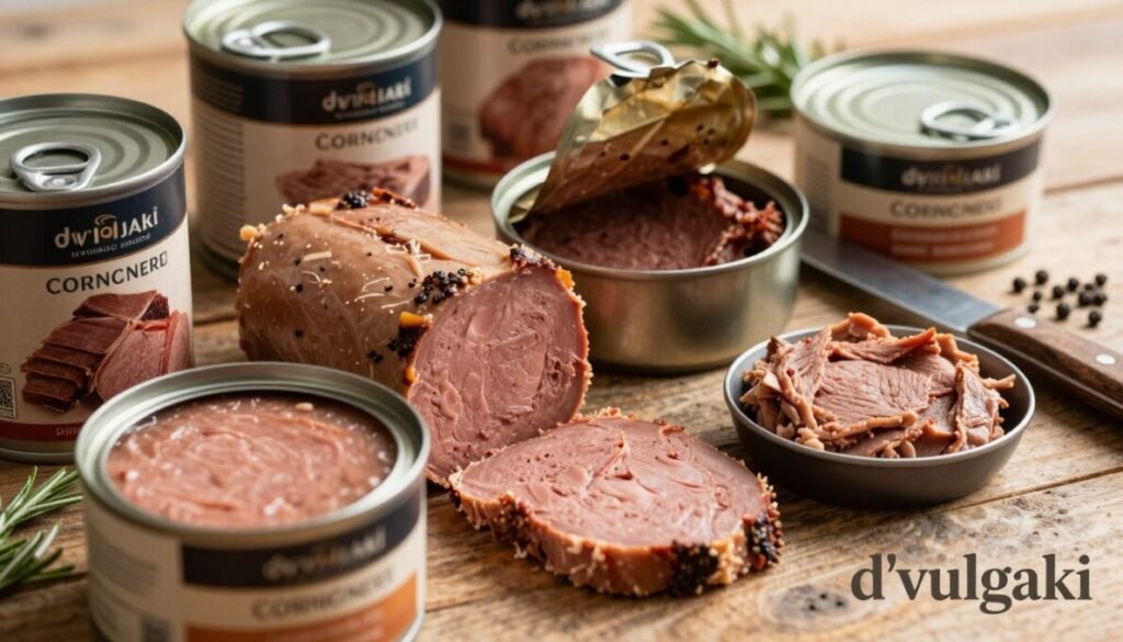 A close-up arrangement of assorted canned meats and pâtés displayed on a rustic wooden table, emphasizing the variety of textures and colors. In the foreground, beautifully designed cans of corned beef and pâtés, glistening under soft, warm lighting that casts gentle shadows, enhancing their appeal. In the middle, an open can revealing savory, rich meat, invitingly positioned alongside a knife and small serving dish filled with spreadable pâté. In the background, hints of fresh rosemary and peppercorns add natural elements, creating a contrast against the metal. The atmosphere is unpretentious yet inviting, evoking curiosity about processed meats. Subtle branding in the lower right corner reads 'd'vulgaki' in an elegant font, completing the composition.