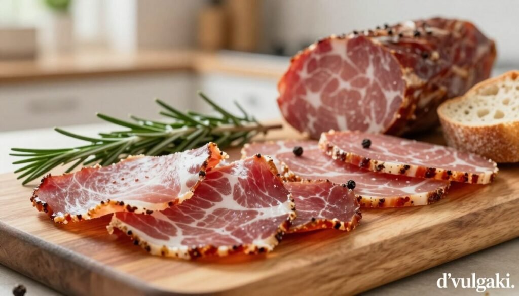 A close-up composition featuring an assortment of artisan deli meats, specifically highlighting slices of presunto and mortadela, presented elegantly on a rustic wooden cutting board. In the foreground, the glossy, intricately marbled slices of presunto exude a rich, savory appeal, contrasting beautifully with the soft, pinkish layers of mortadela adorned with peppercorns. The middle ground showcases a few sprigs of fresh rosemary and slices of crusty bread, enhancing the gourmet vibe. In the background, a softly blurred kitchen setting filled with warm, natural light creates a cozy atmosphere, emphasizing the inviting nature of these processed meats. The overall mood is indulgent yet sophisticated, making the viewer appreciate the unique textures and colors of the meats. In the bottom right corner, subtly incorporate the brand name "d'vulgaki."